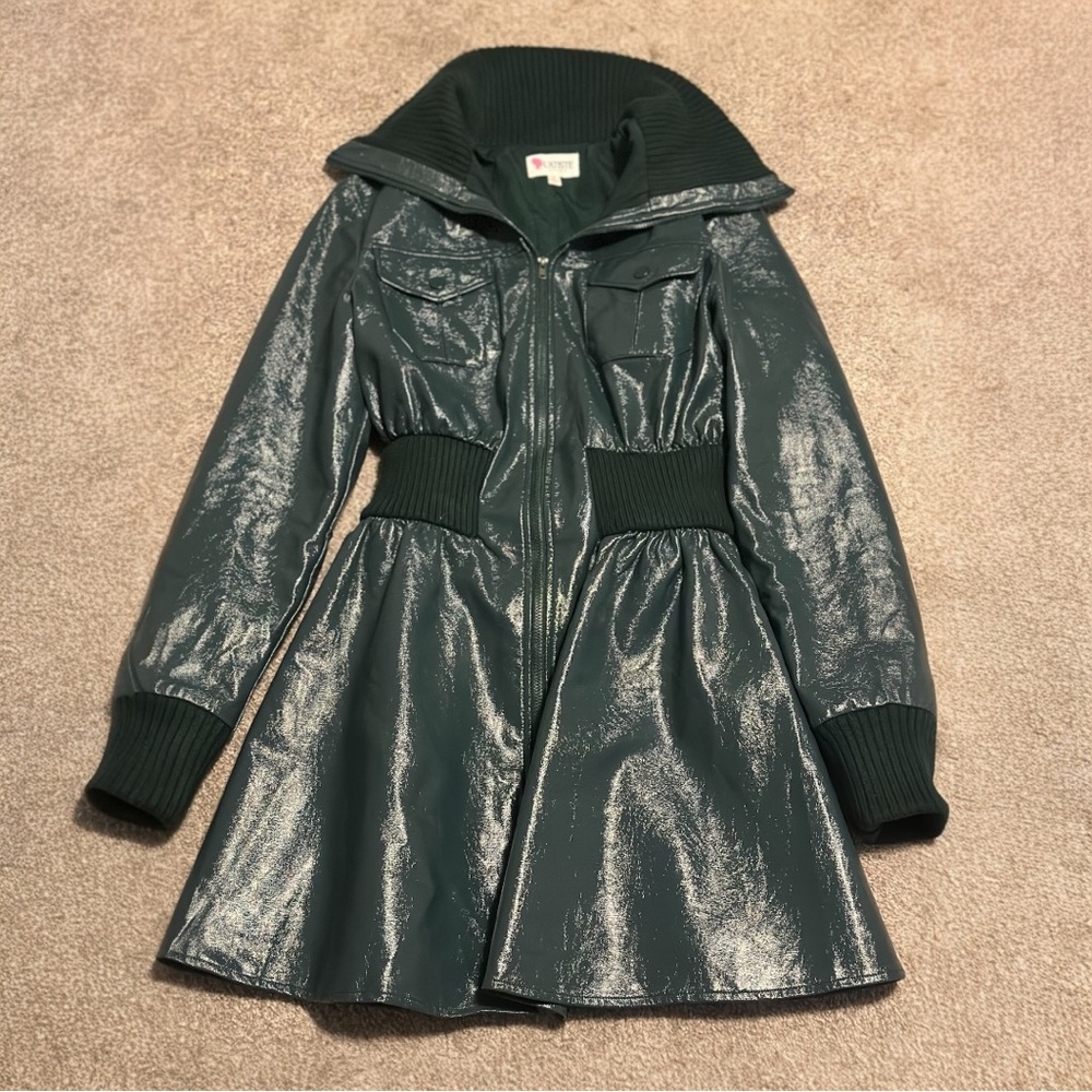Faux leather green coat/dress with Ribbed Collar